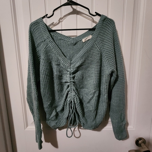 Full Circle Trends Sweater 1 XL Green Cropped Preppy Cinched Waffle Knit Top - Picture 1 of 4